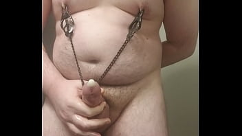 Fat Boy With Nipple Clamps On Masturbates Into A Condom And Cums 3 Times free video