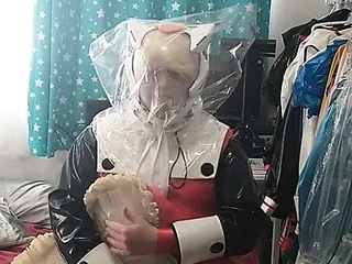 Pvc Cosplay With Eva Helmet, Bagging Breathplay, Kigurumi, Sissy free video